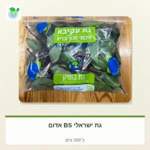 שקית ירק עליים ירוקים עם תווית ירוקה ותוכן בעברית על שולחן מעץ (גּת ישראלי BS אדום) - מוצר עלים לבלוטה/סלטים