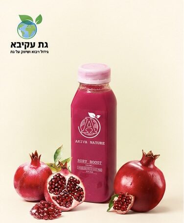 Pink juice bottle with a white label, surrounded by whole and halved pomegranates on a light background.
